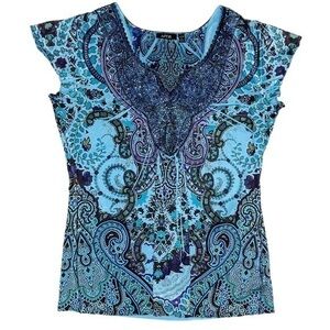 Apt 9 Boho Crochet Lace Rhinestone Sparkle Paisley Short Sleeve Blue Top Petit L